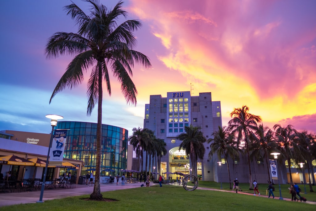 Florida International University campus with students walking everywhere at sunset